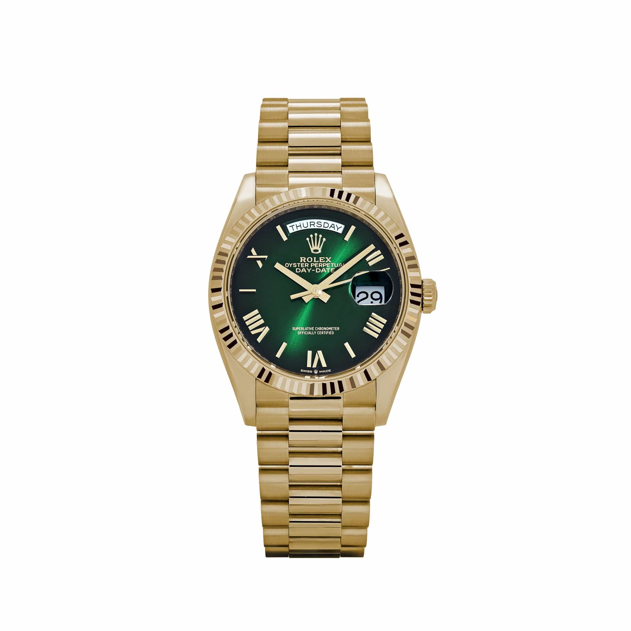imgi_285_rolex-day-date-36-128238-yellow-gold-green-ombre-roman-numeral-dial-2024-rolex-1171051010 Rolex Day-Date 40 228238 Yellow Gold Green Ombre Roman Numerals Dial (2025) - Image 1